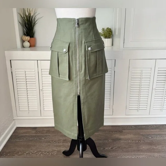 Veronica Beard Dallas Zip-Front Cargo Midi Skirt – Stone/Army Green, Size 4 - Picture 2 of 5